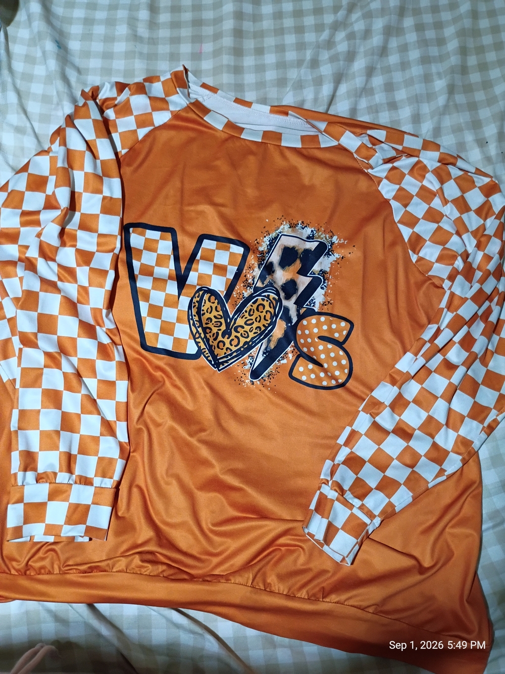 Women's Plus Size 3XL Orange Checkered Long-Sleeve Top - Unbranded